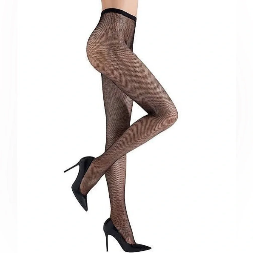 New VINTAGE Y2K Italy black open weave fishnet stockings hosiery MEDIUM NWT